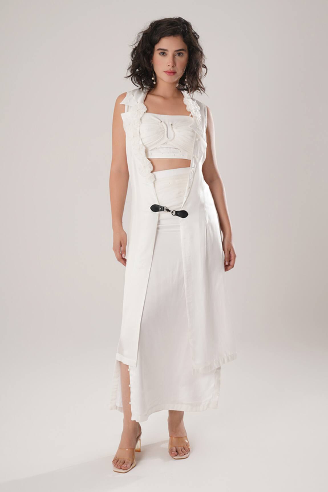 Atbw White Modal Satin Sleeveless Trench Jacket 