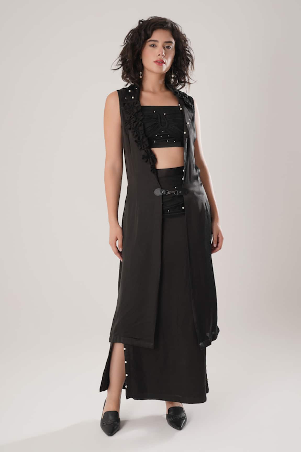 Atbw Black Modal Satin Sleeveless Trench Jacket 