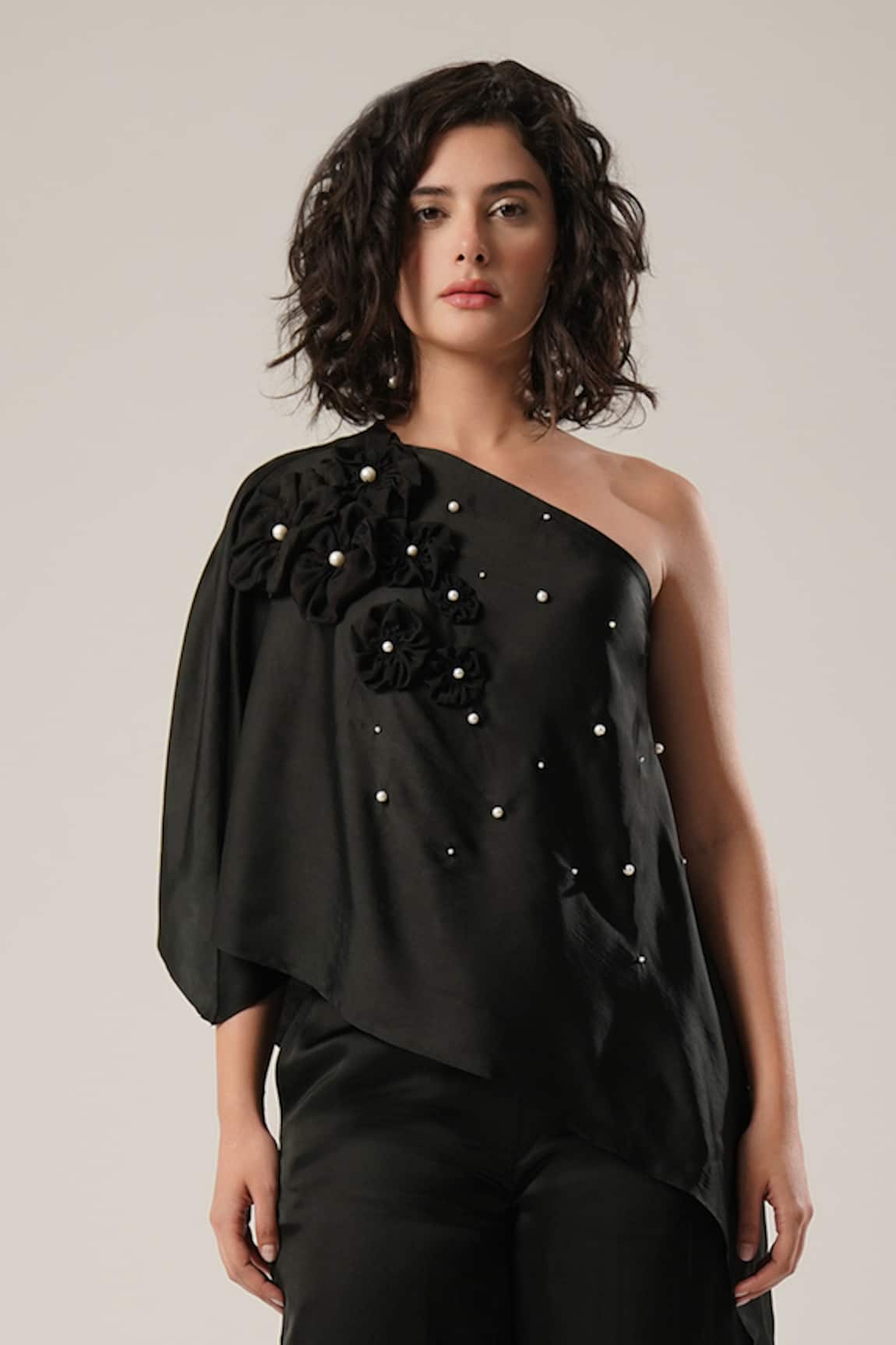 Atbw Black Asymmetric Off-Shoulder Top 