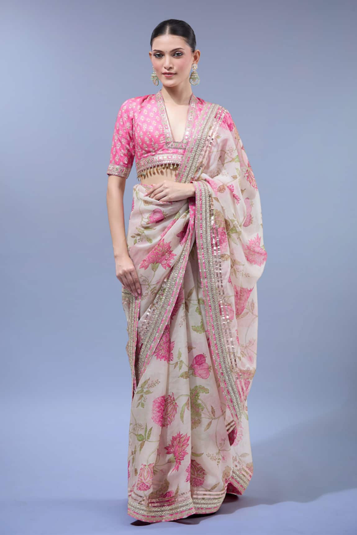 Gopi Vaid Floral Print Organza Saree Set 