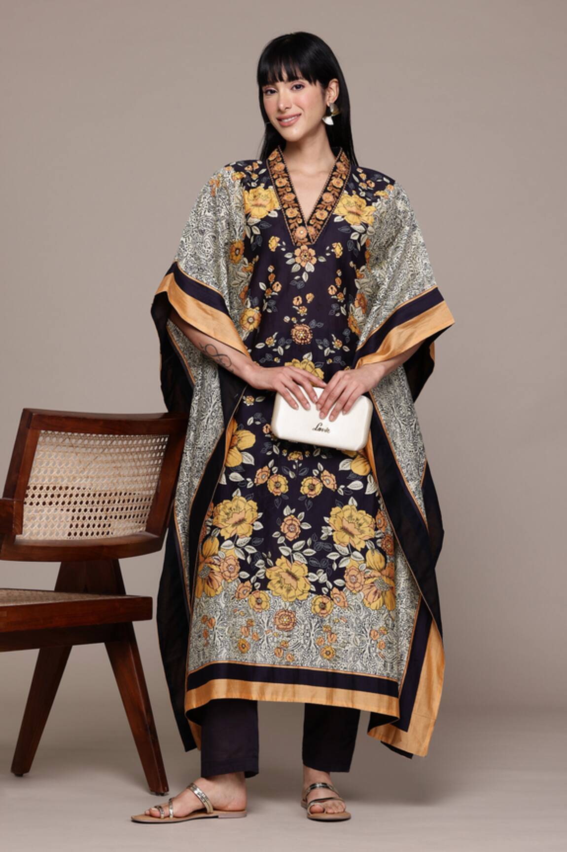 Ritu Kumar Black Mono Floral Kaftan With Pant Co-Ord Set 