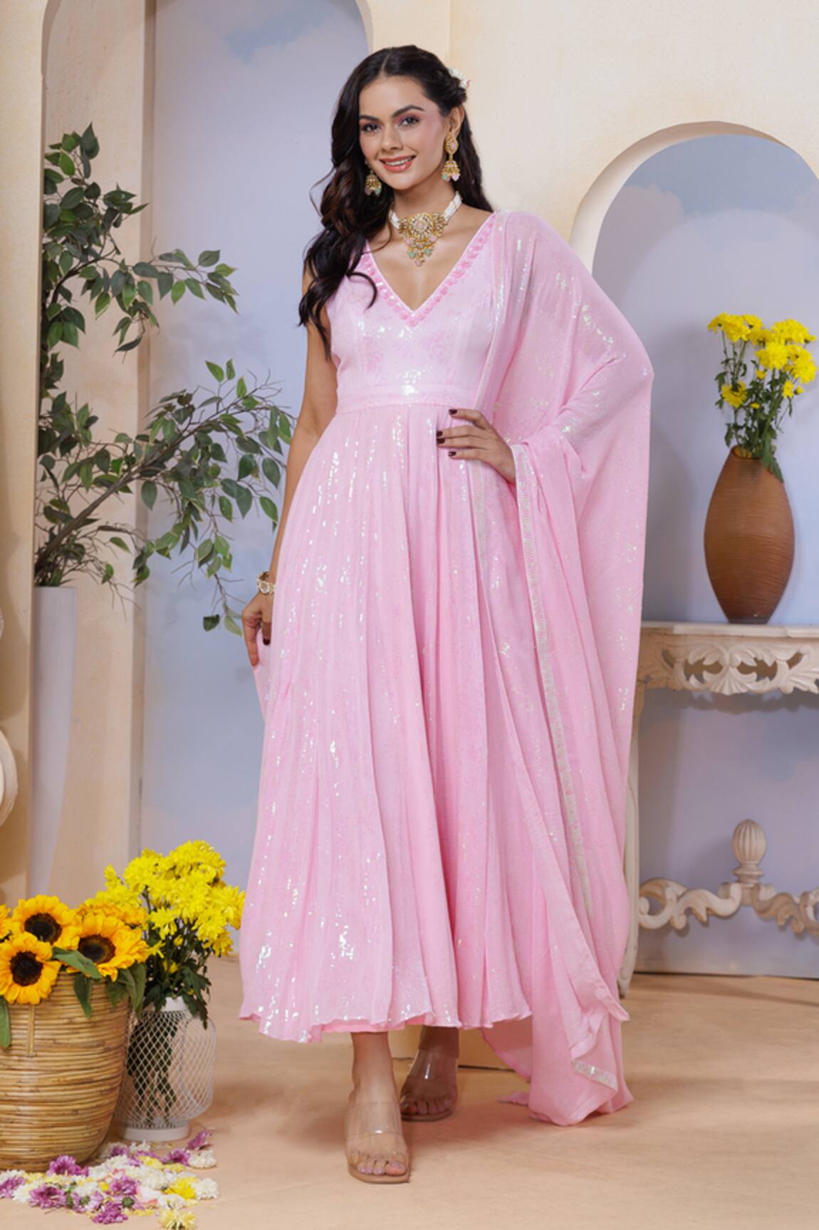 Label Priyanka Kar Pink Sequins Anarkali Set 