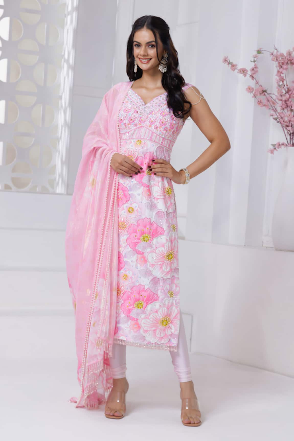 Label Priyanka Kar Pink Hand Embroidered Kurta Set 