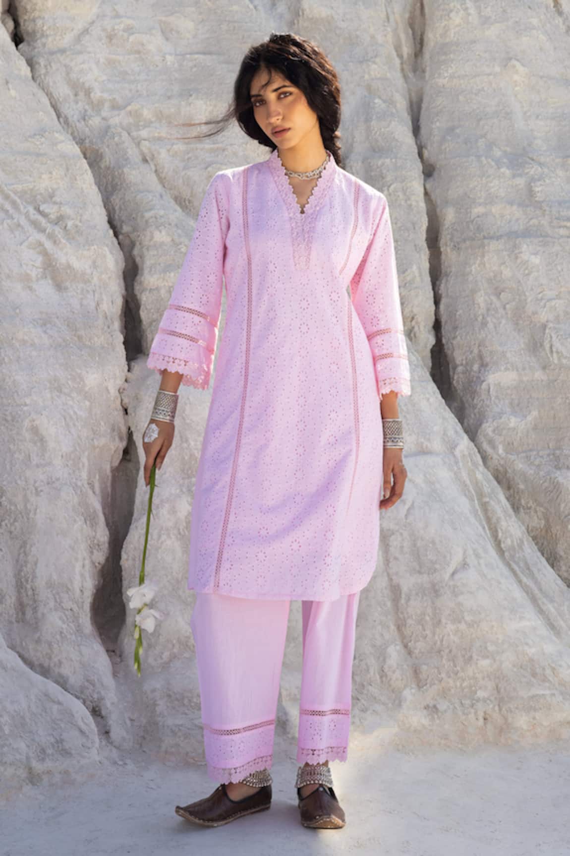 Karaj Jaipur Rose Pink Lace Work Kurta & Pant Set 