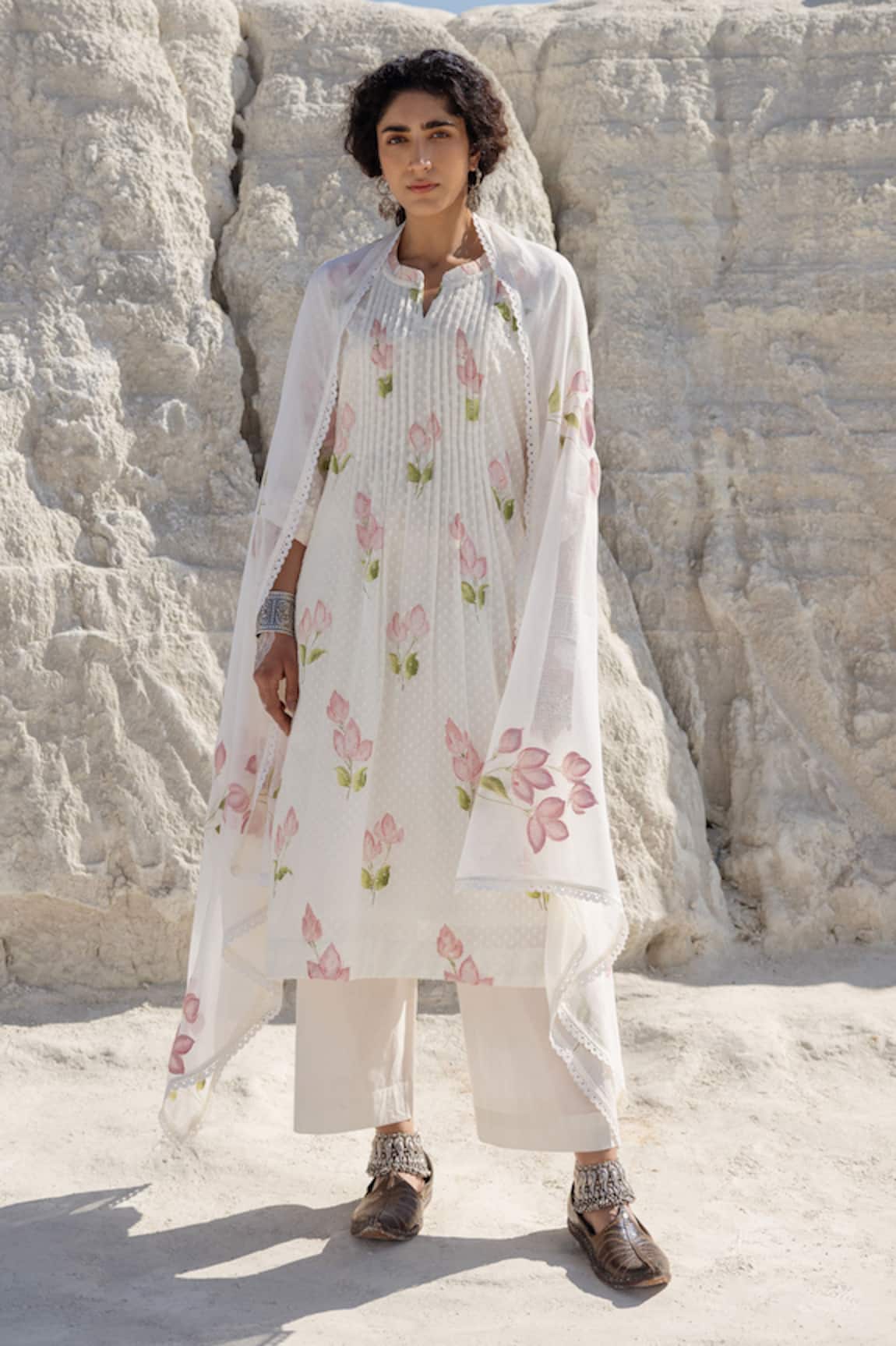 Karaj Jaipur Hand Painted White Kurta Pant Set 