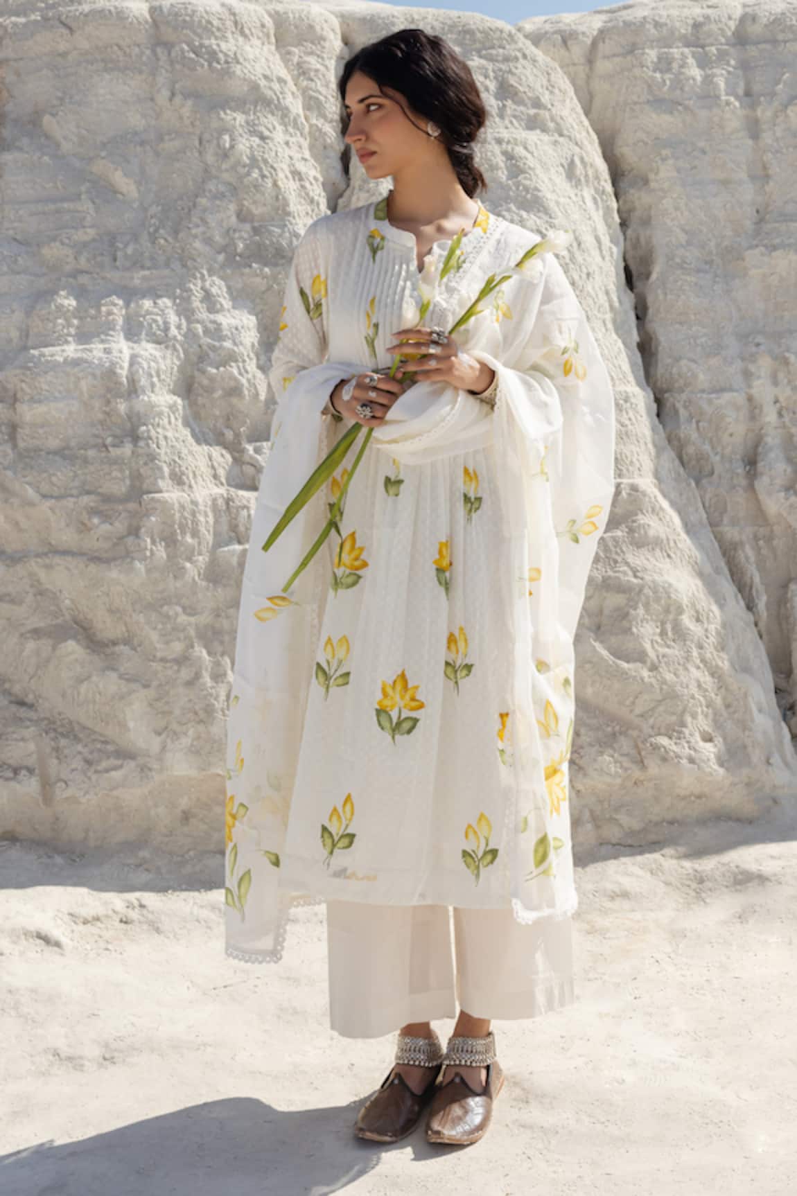 Karaj Jaipur Hand Painted White Kurta Set 