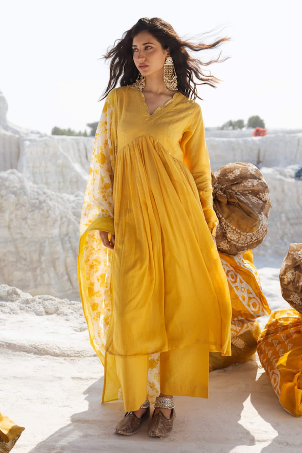 Karaj Jaipur Lemon Yellow Anarkali Set With Dupatta 