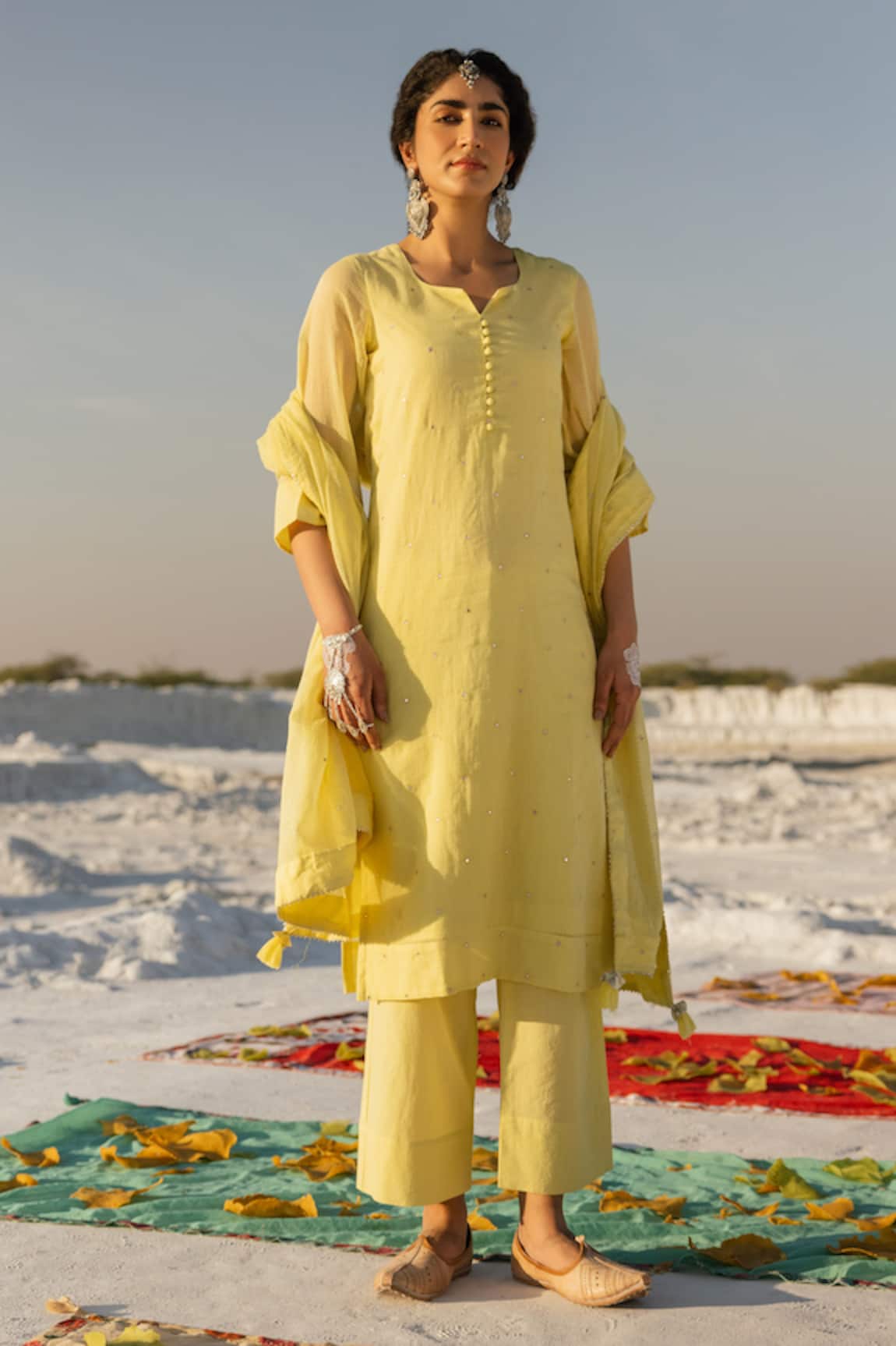 Karaj Jaipur Lime Green Sequins Work Kurta Set 