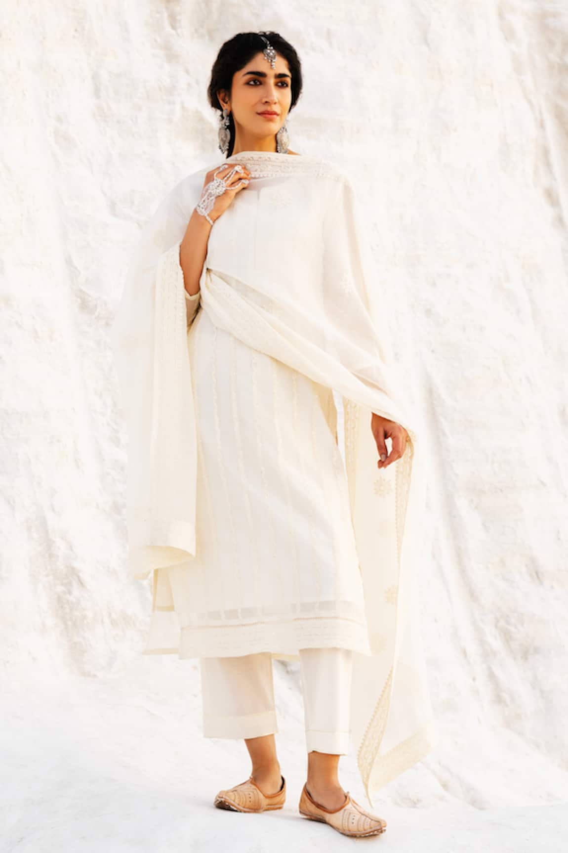 Karaj Jaipur Off White Embroidered Kurta Set 