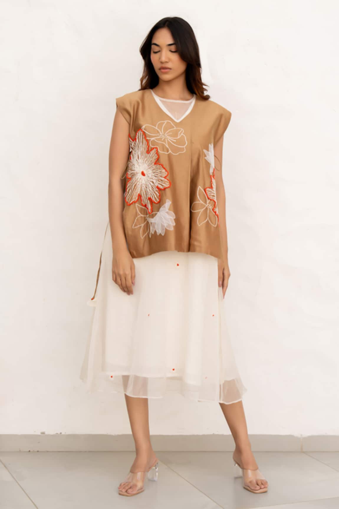 Chambray & CO. Ivory & Brown Chanderi Silk Dress Set 