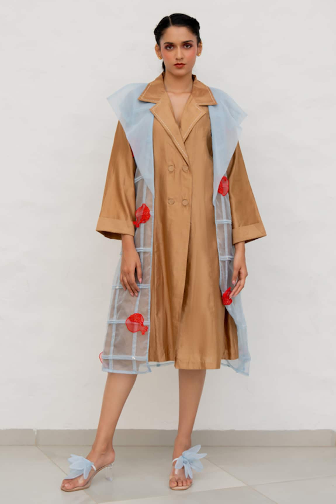 Chambray & CO. Brown & Powder Blue Chanderi Dress Set 