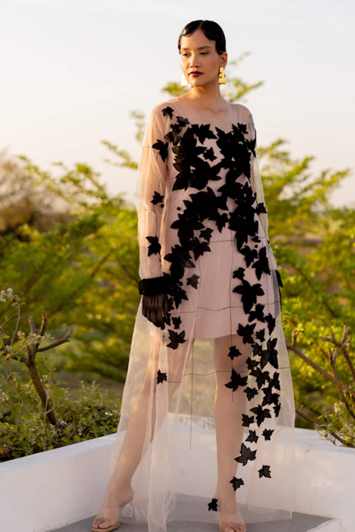 Chambray & CO. Beige & Black Hand Embroidered Dress 