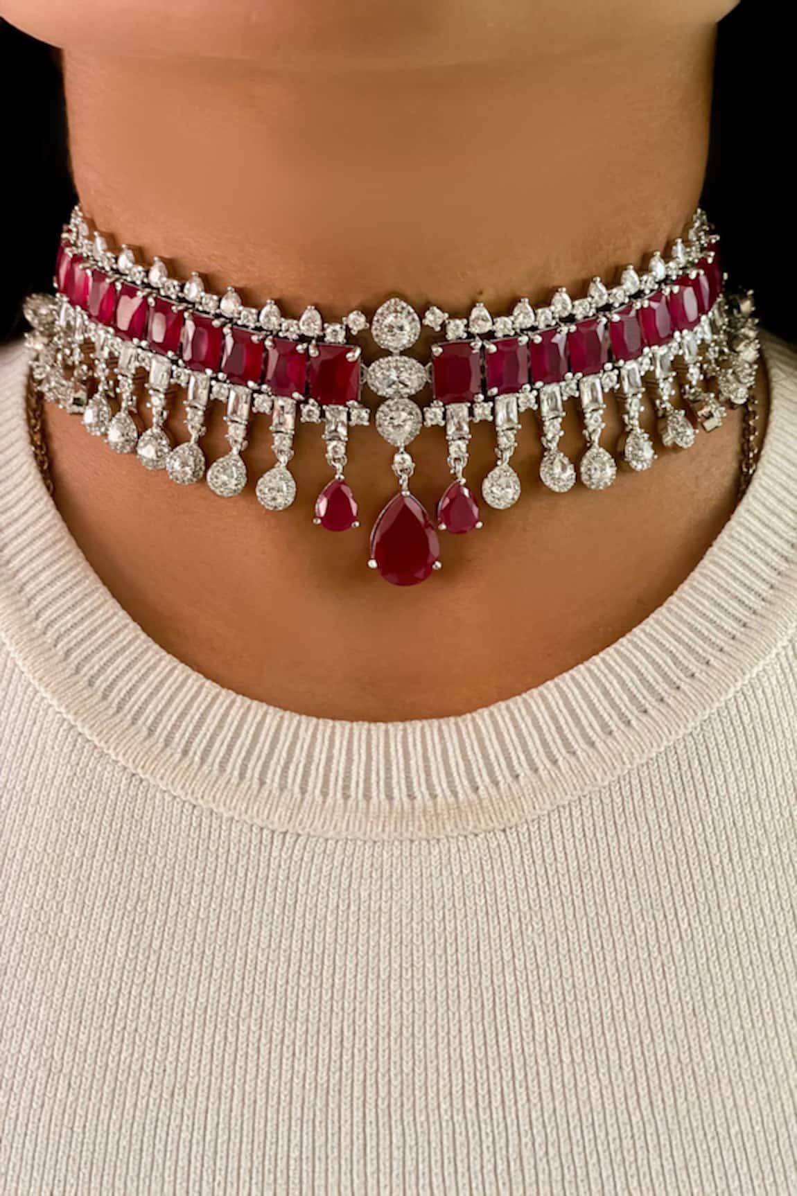 Prerto Bally Ruby Diamonte Stones Necklace Set 