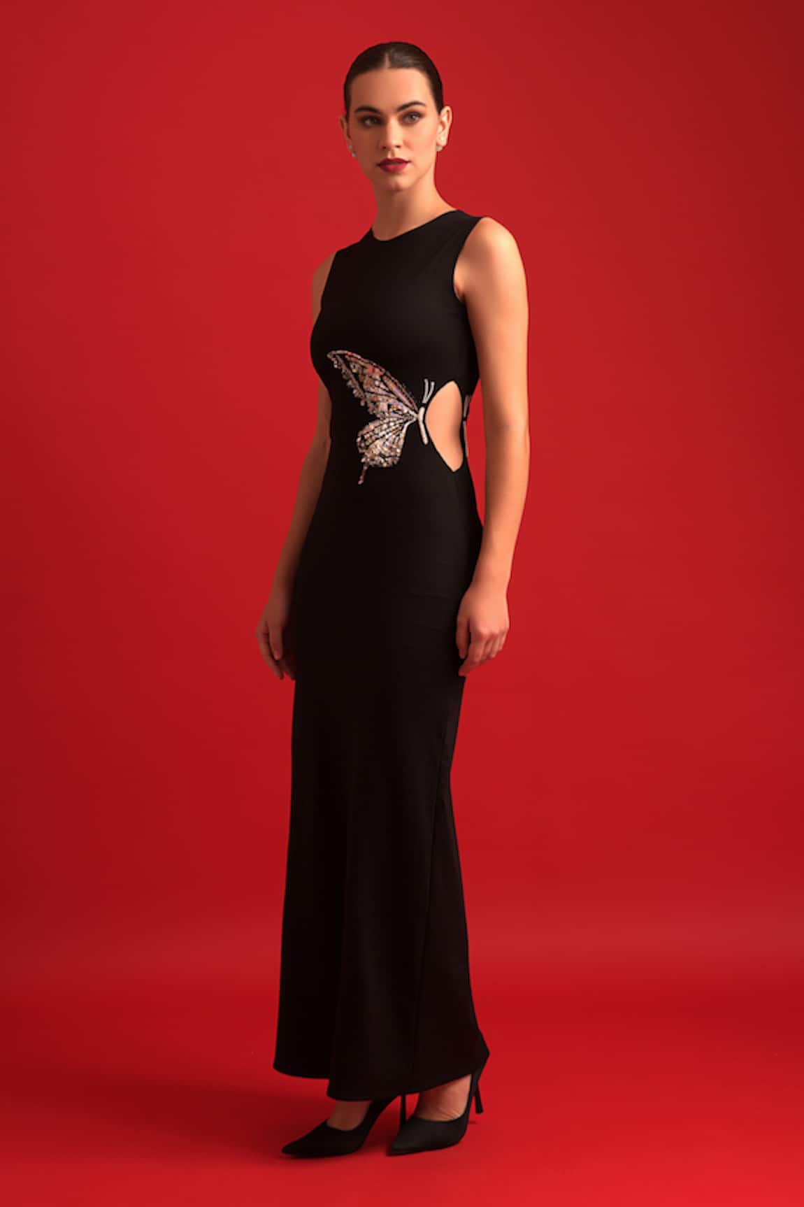 Dev And Viv Black Designer Dress With Butterfly Embellishment 