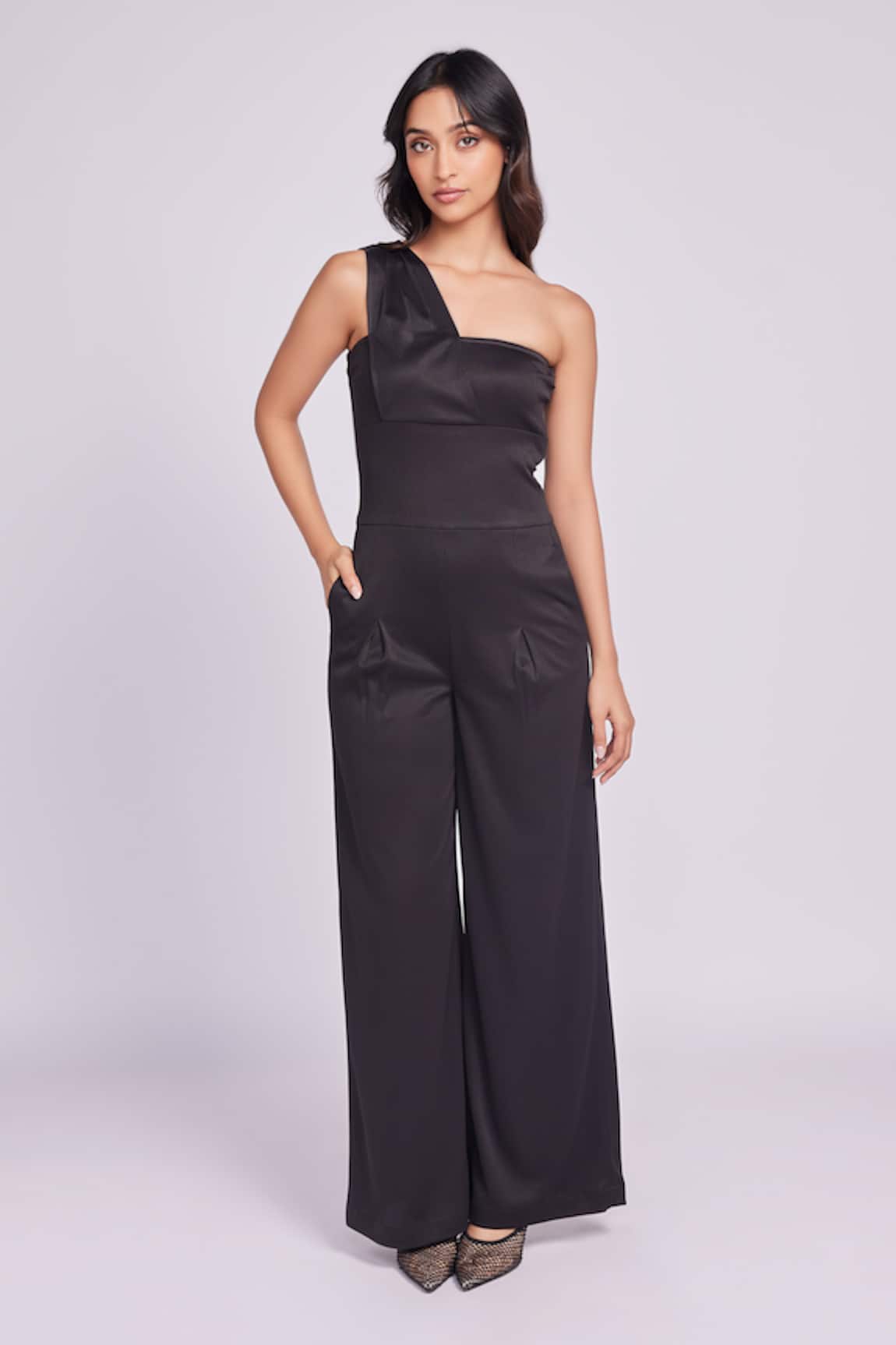 Dev And Viv Black One-Shoulder Designer Jumpsuit 