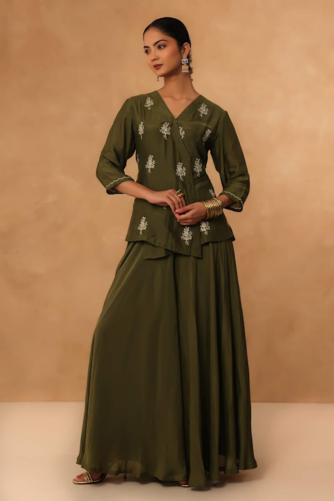 Charu Makkar Olive Green Muslin Kurta & Flared Pant Set 