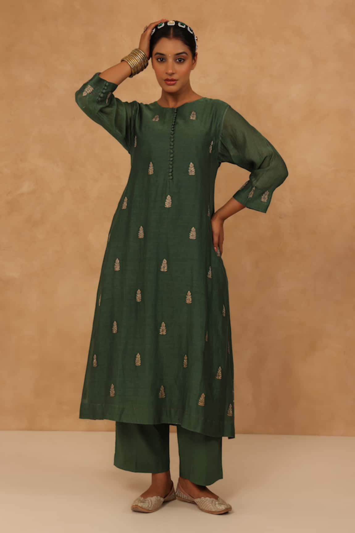 Charu Makkar Olive Green Chanderi Kurta & Pant Set 