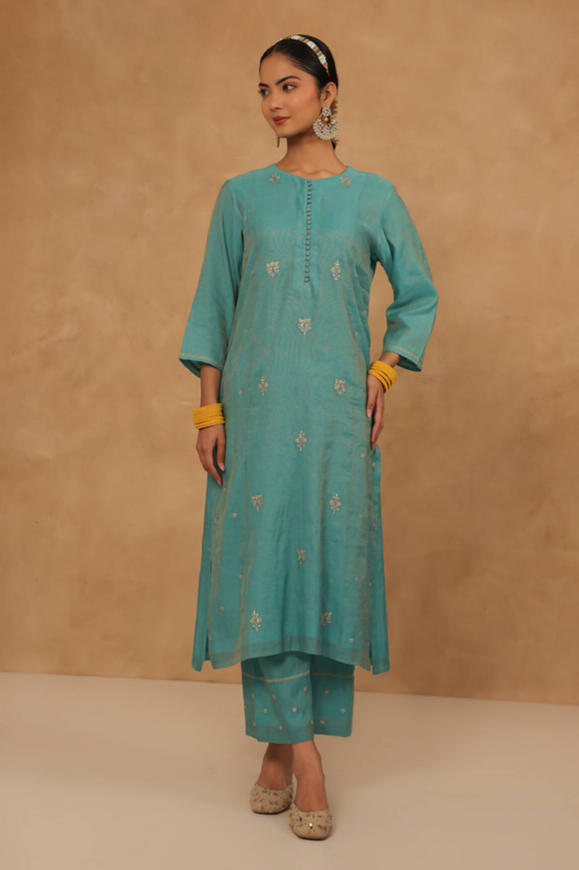 Charu Makkar Teal Tissue Chanderi Kurta & Pant Set 