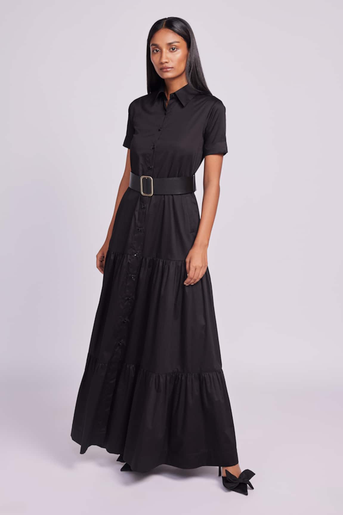 Dev And Viv Black Cotton Maxi Dress with Belt 