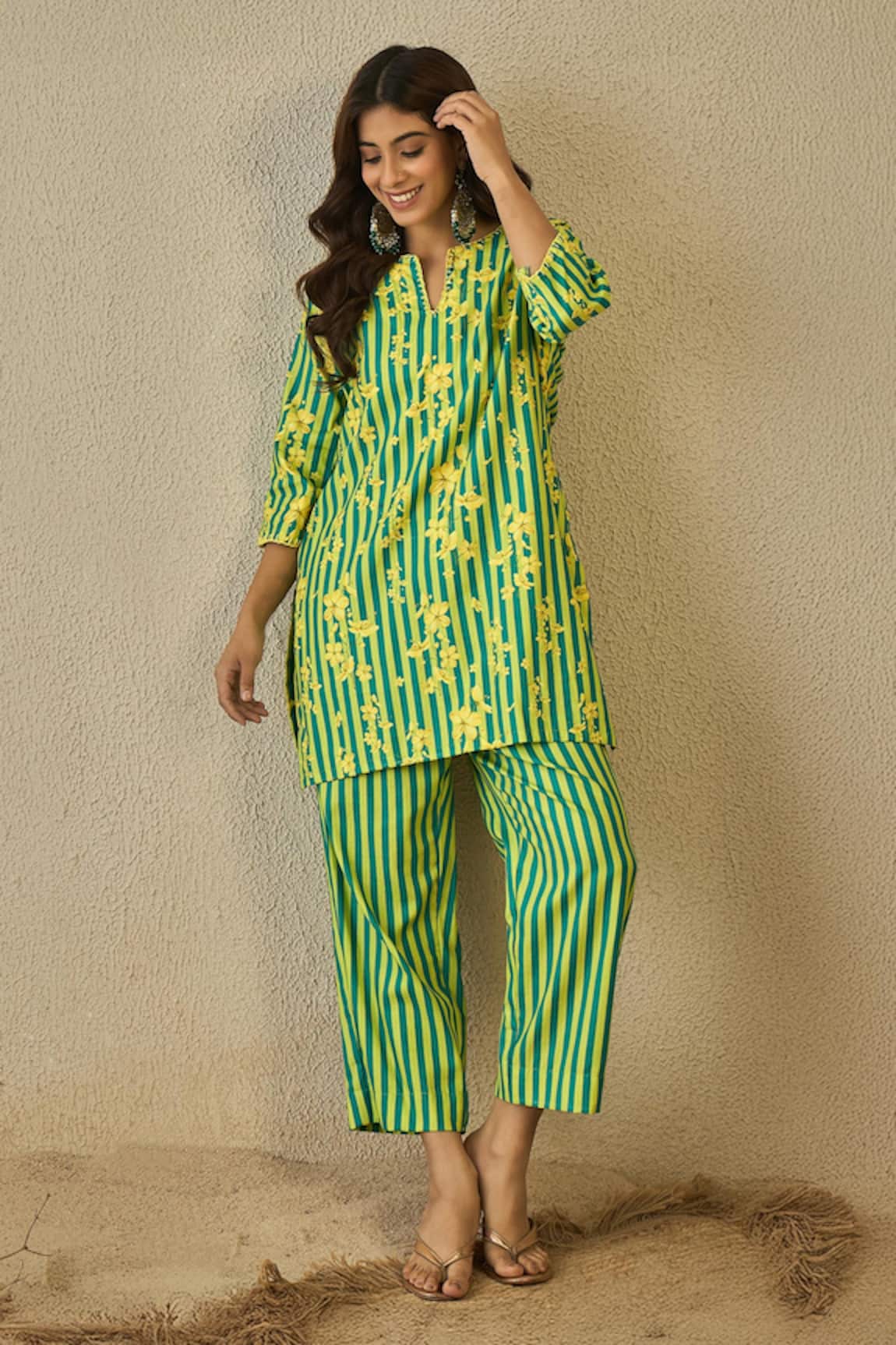 Label Nitika Green & Yellow Striped Kurta Pant Set 