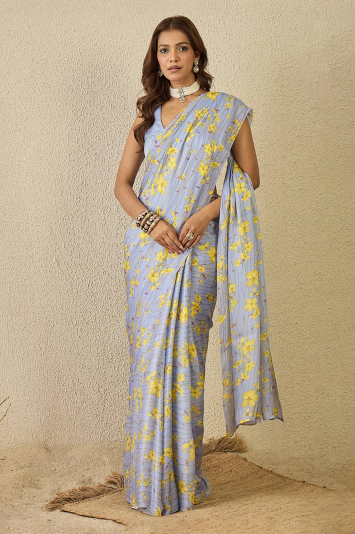 Label Nitika Moon Blue Satin Georgette Saree With Stitched Blouse 