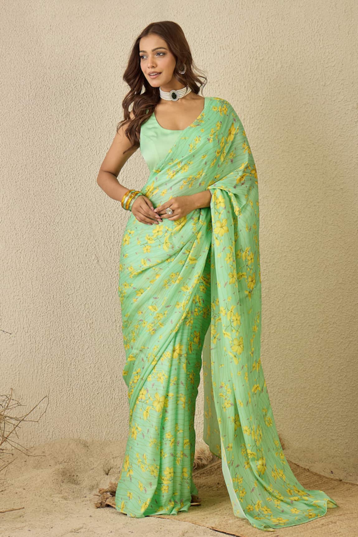 Label Nitika Teal Satin Georgette Saree With Stitched Blouse 