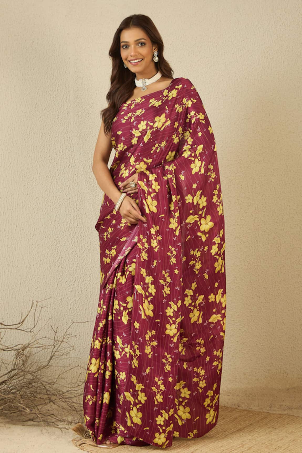 Label Nitika Maroon Floral Print Saree With Blouse Piece 