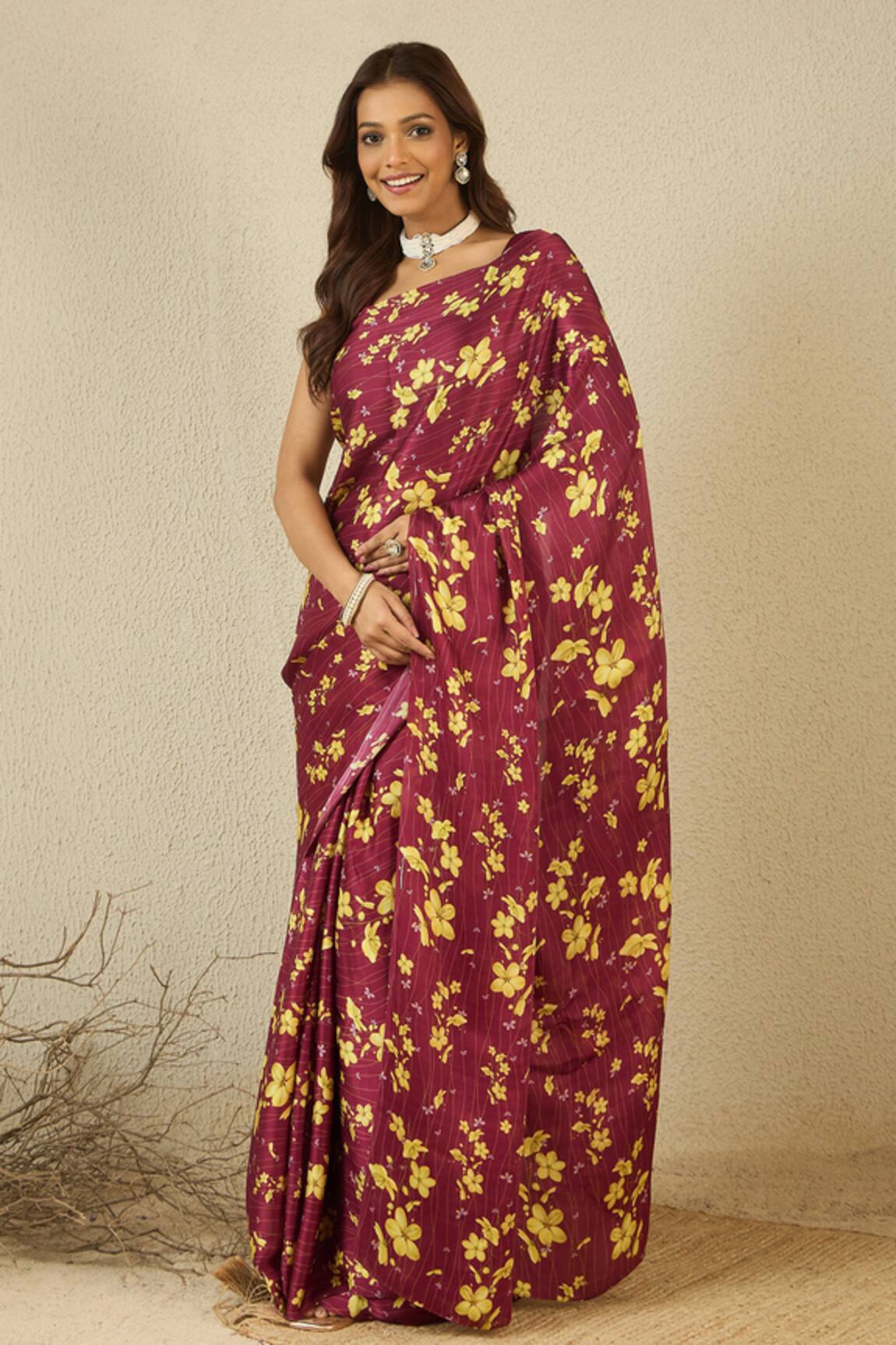 Label Nitika Maroon Satin Georgette Saree With Stitched Blouse 
