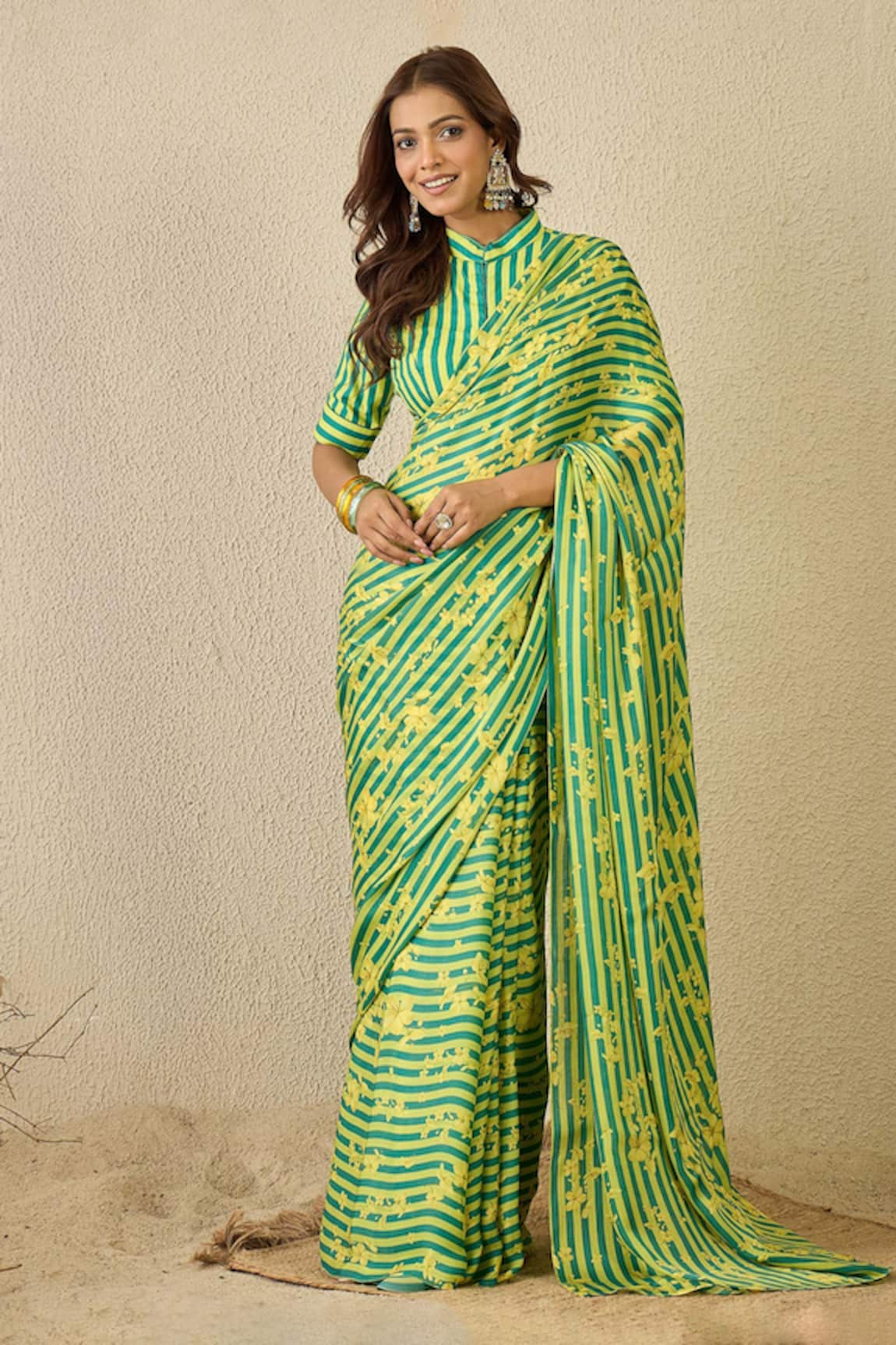 Label Nitika Emerald Green Striped Saree With Stitched Blouse 
