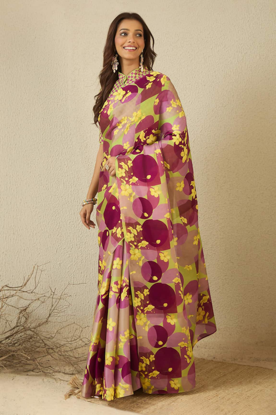 Label Nitika Plum Abstract Saree With Checks Print Stitched Blouse 