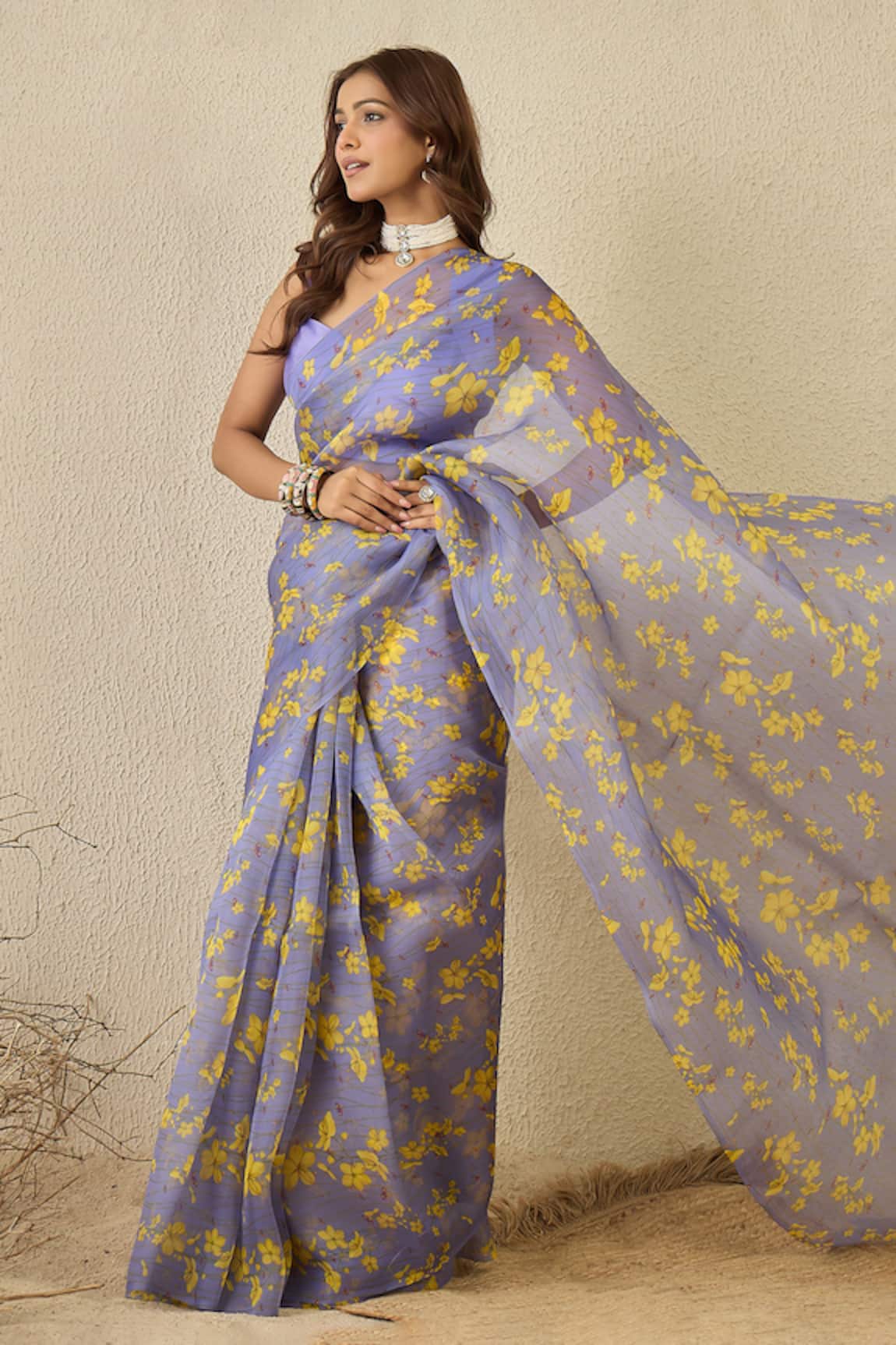 Label Nitika Moon Blue Silk Organza Saree With Stitched Blouse 