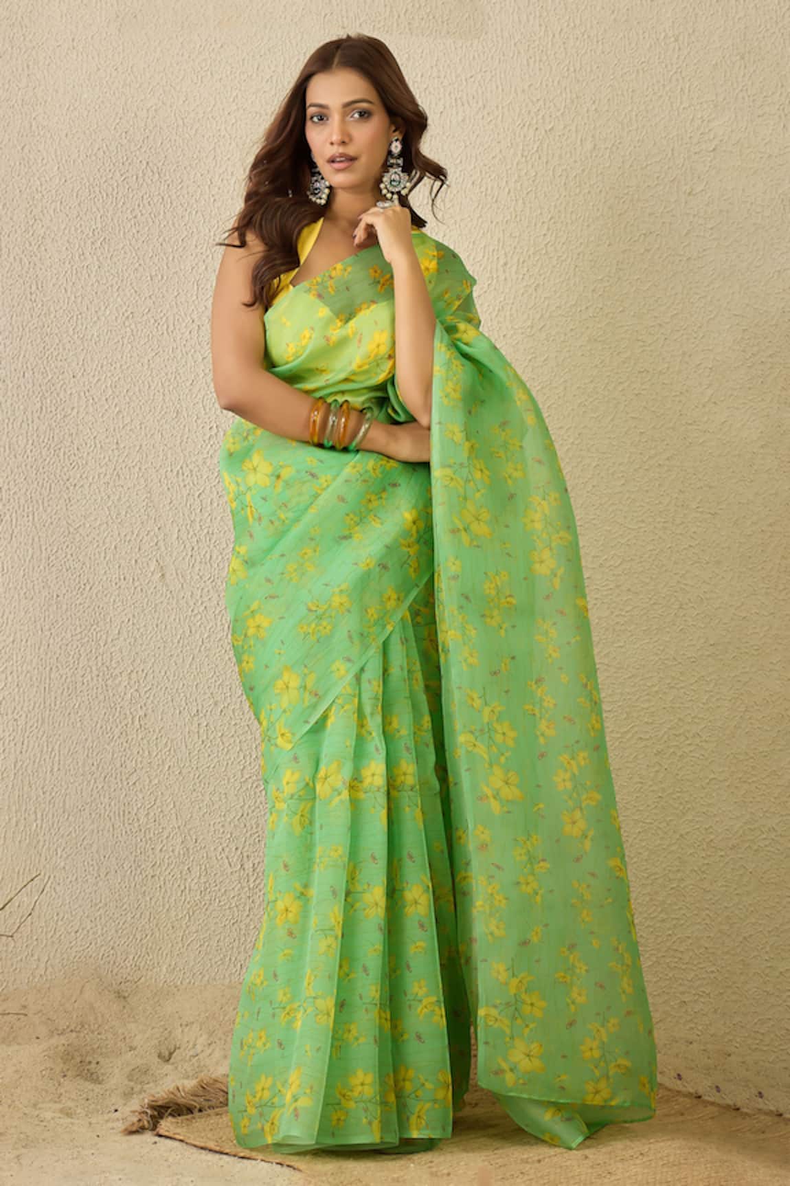 Label Nitika Floral Print Green Saree With Unstitched Blouse 