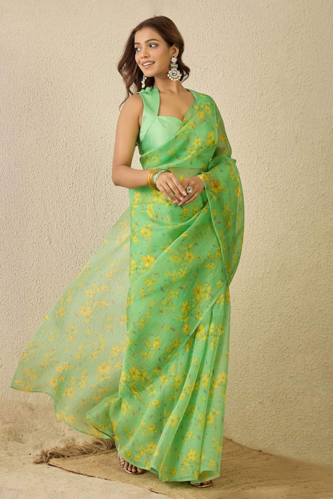 Label Nitika Floral Print Green Saree With Blouse Piece 