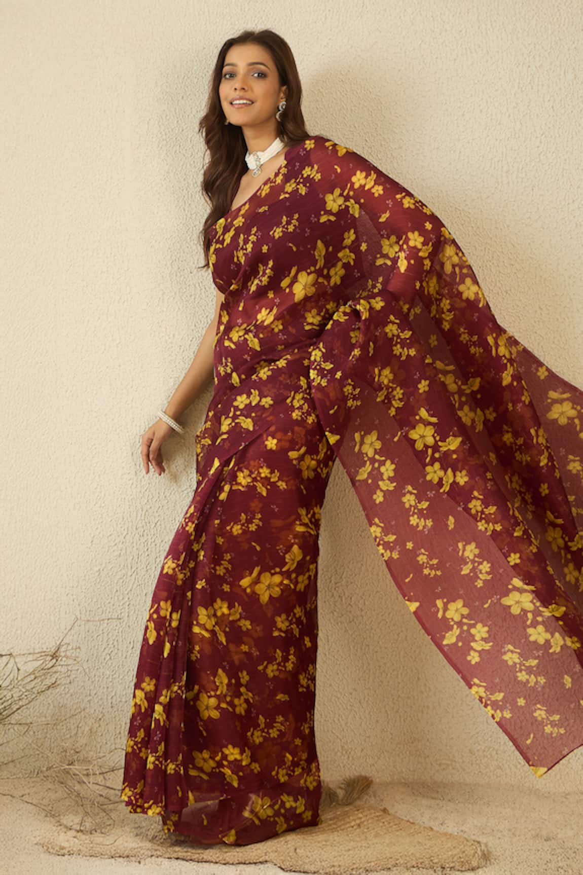 Label Nitika Maroon Silk Organza Saree With Stitched Blouse 