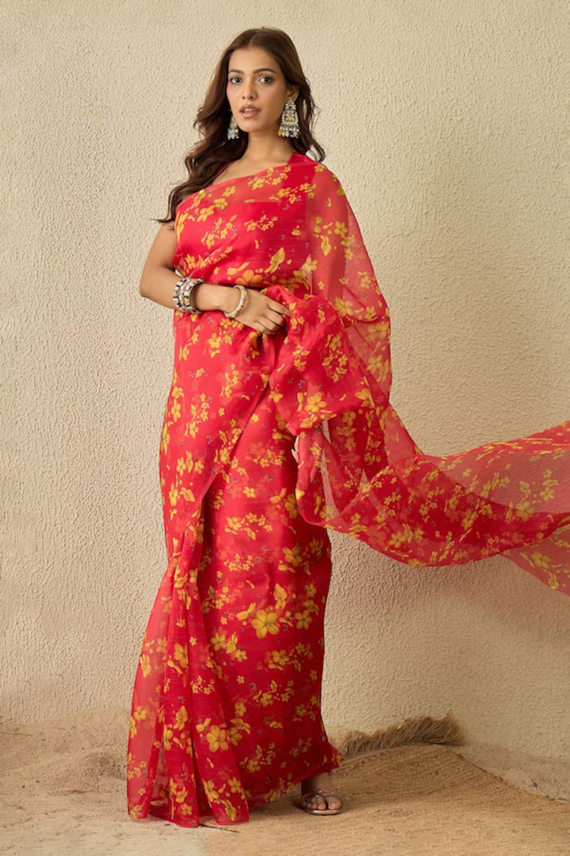 Label Nitika Fuchsia Silk Organza Saree With Stitched Blouse  