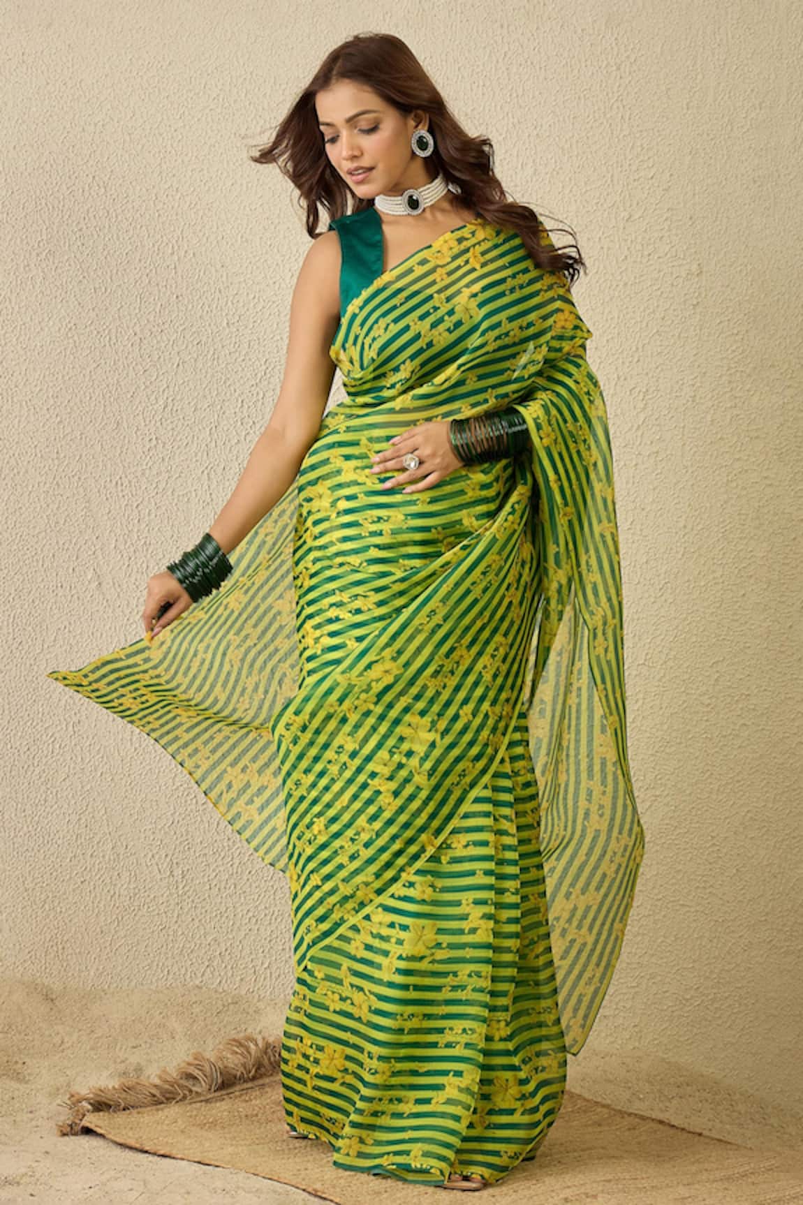 Label Nitika Green Yellow Striped Silk Organza Saree 