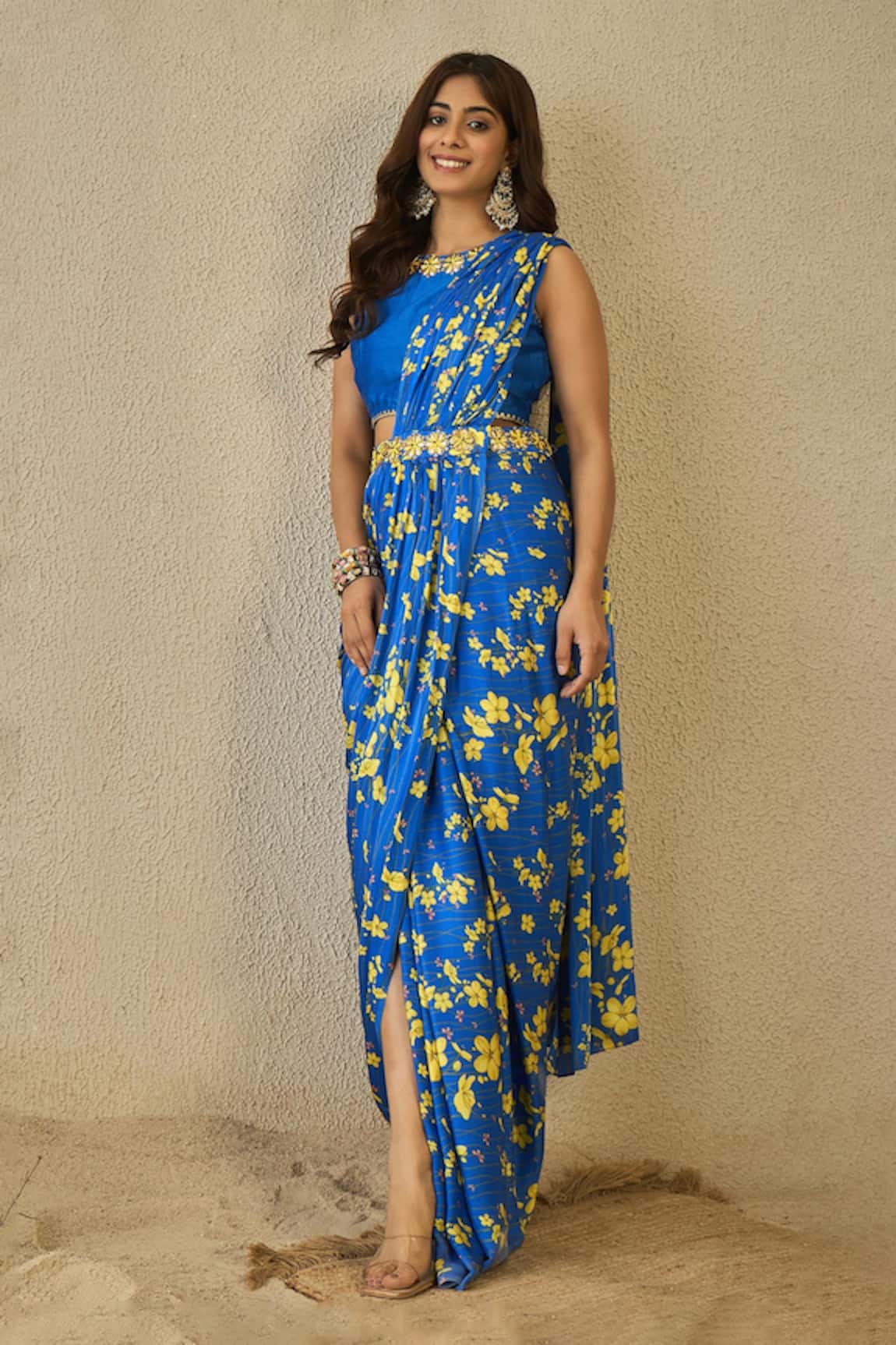 Label Nitika Floral Print Pre-Draped Saree Set 