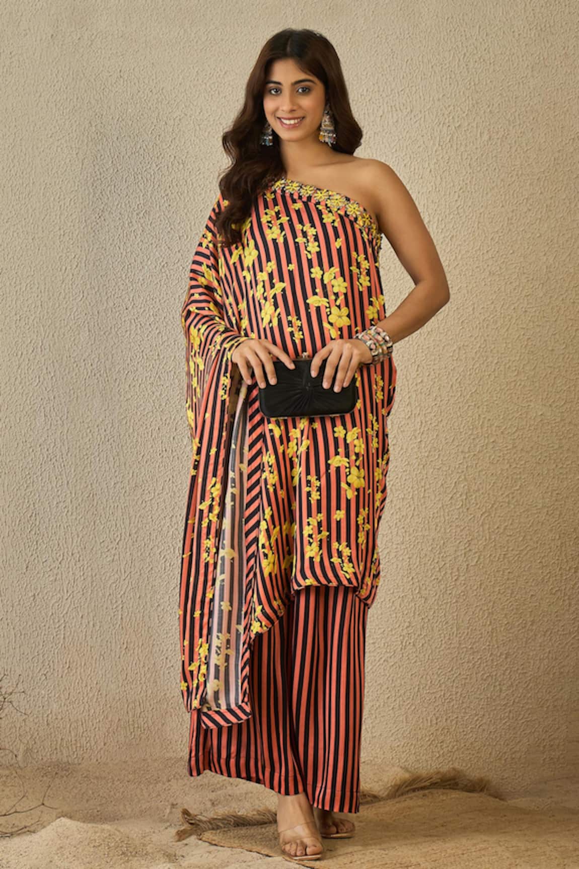 Label Nitika Black & Peach Striped Tunic & Palazzo Set 