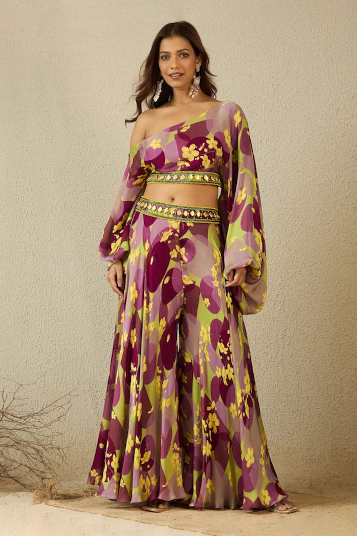 Label Nitika Purple Floral Printed Top & Palazzo Set 