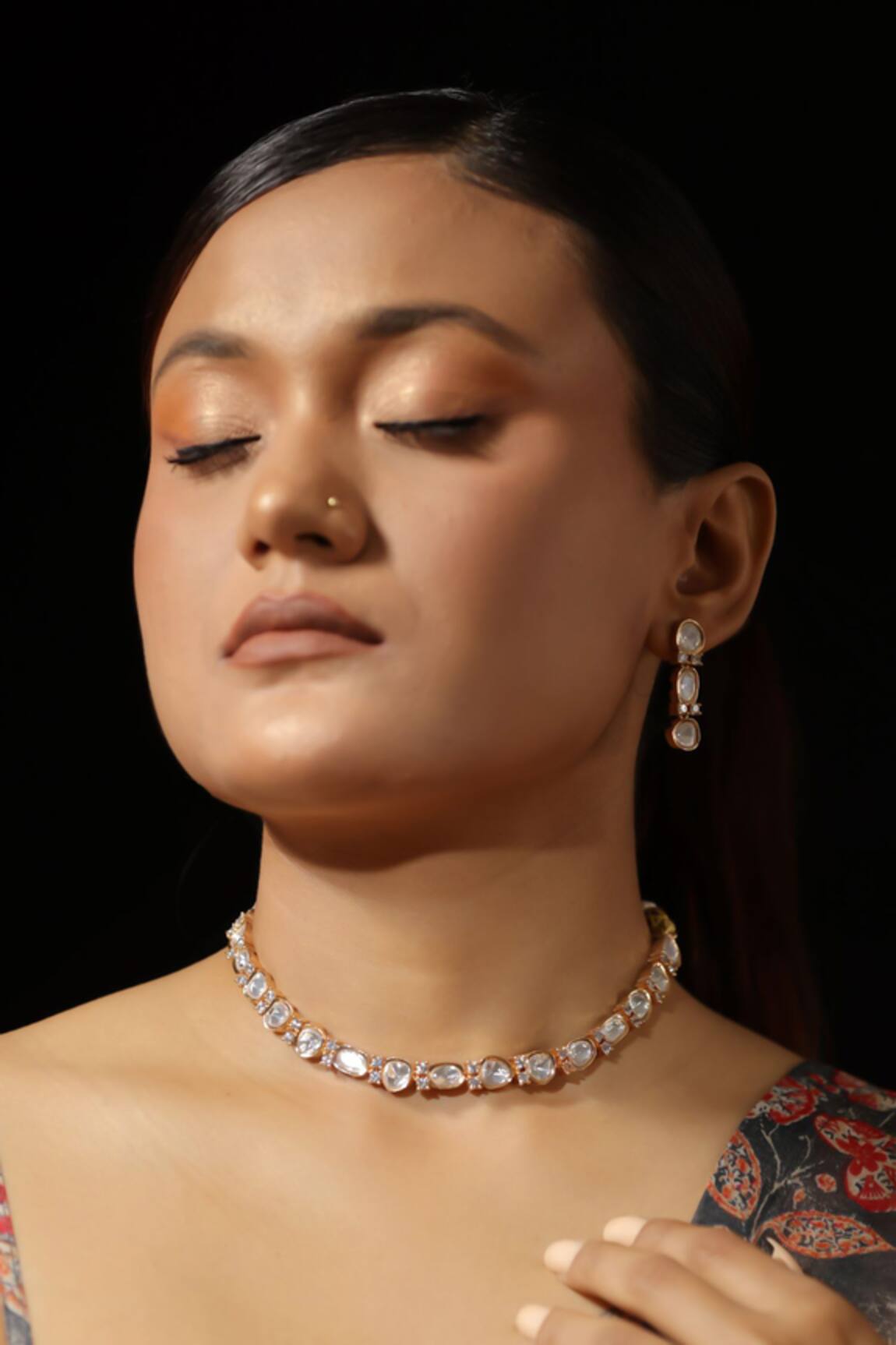 The Bling Girll Gold Alloy White Stone Choker & Earrings Set 