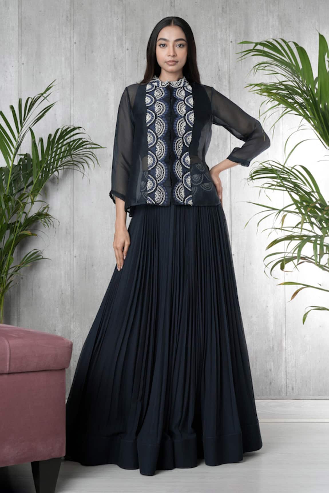Vara By Vibha N Priti Navy Blue Hand Embroidered Jacket Set 