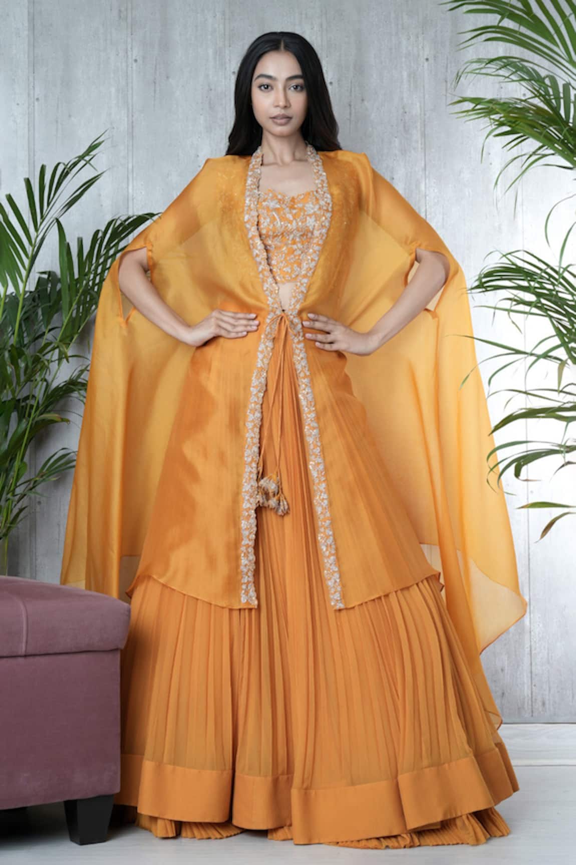 Vara By Vibha N Priti Mustard Hand Embroidered Jacket Lehenga Set 