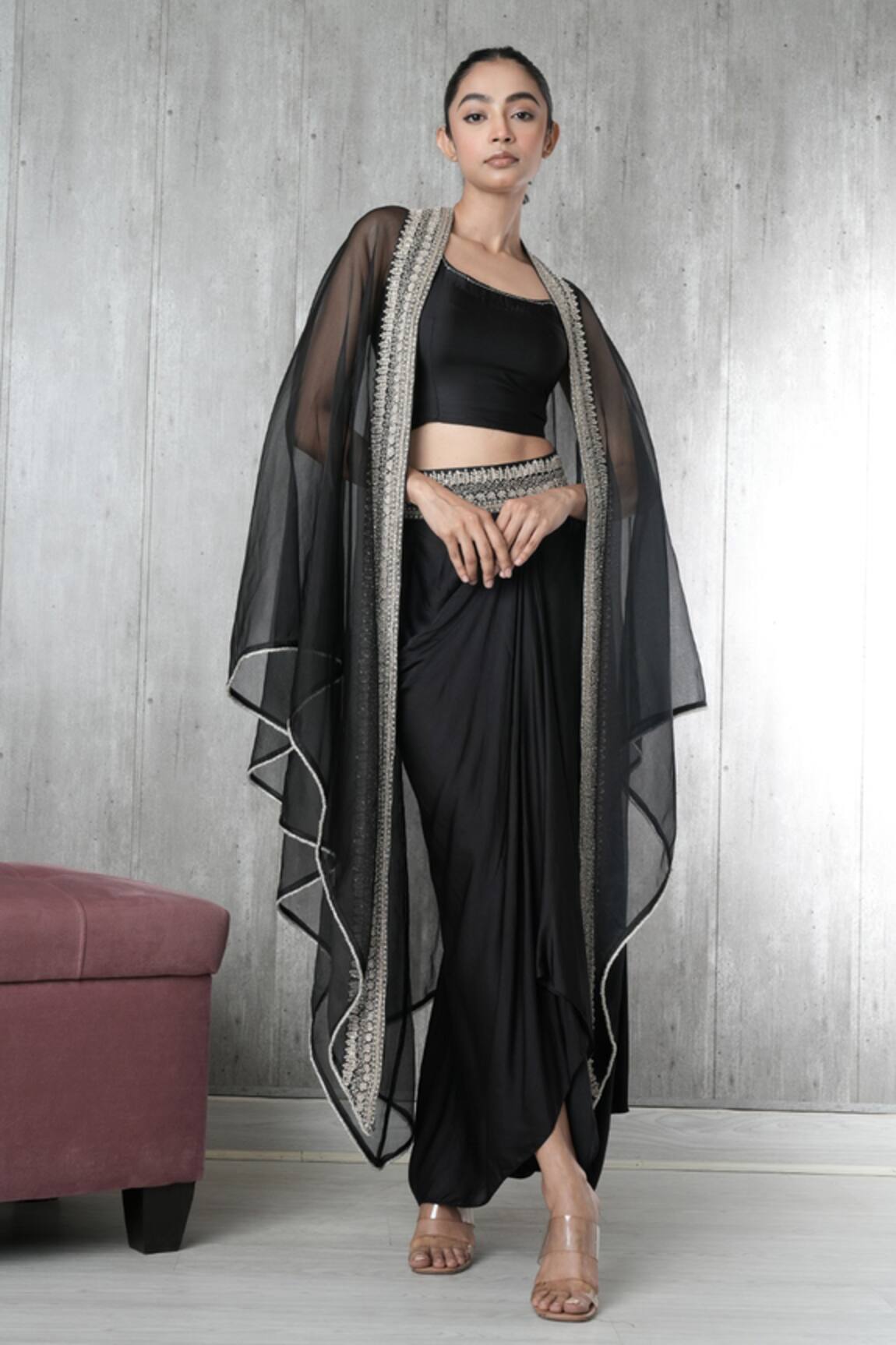 Vara By Vibha N Priti Black Satin Modal Embroidered Cape Set 