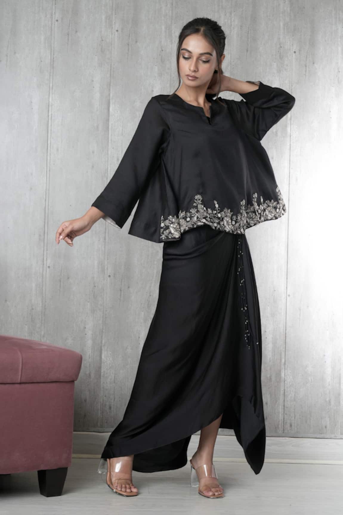 Vara By Vibha N Priti Black Hand Embroidered Tunic & Skirt Set 
