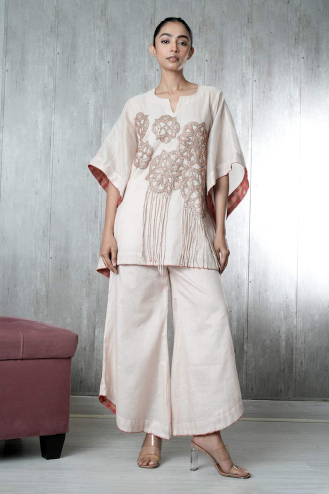 Vara By Vibha N Priti Beige Hand Embroidered Kaftan & Pant Set 