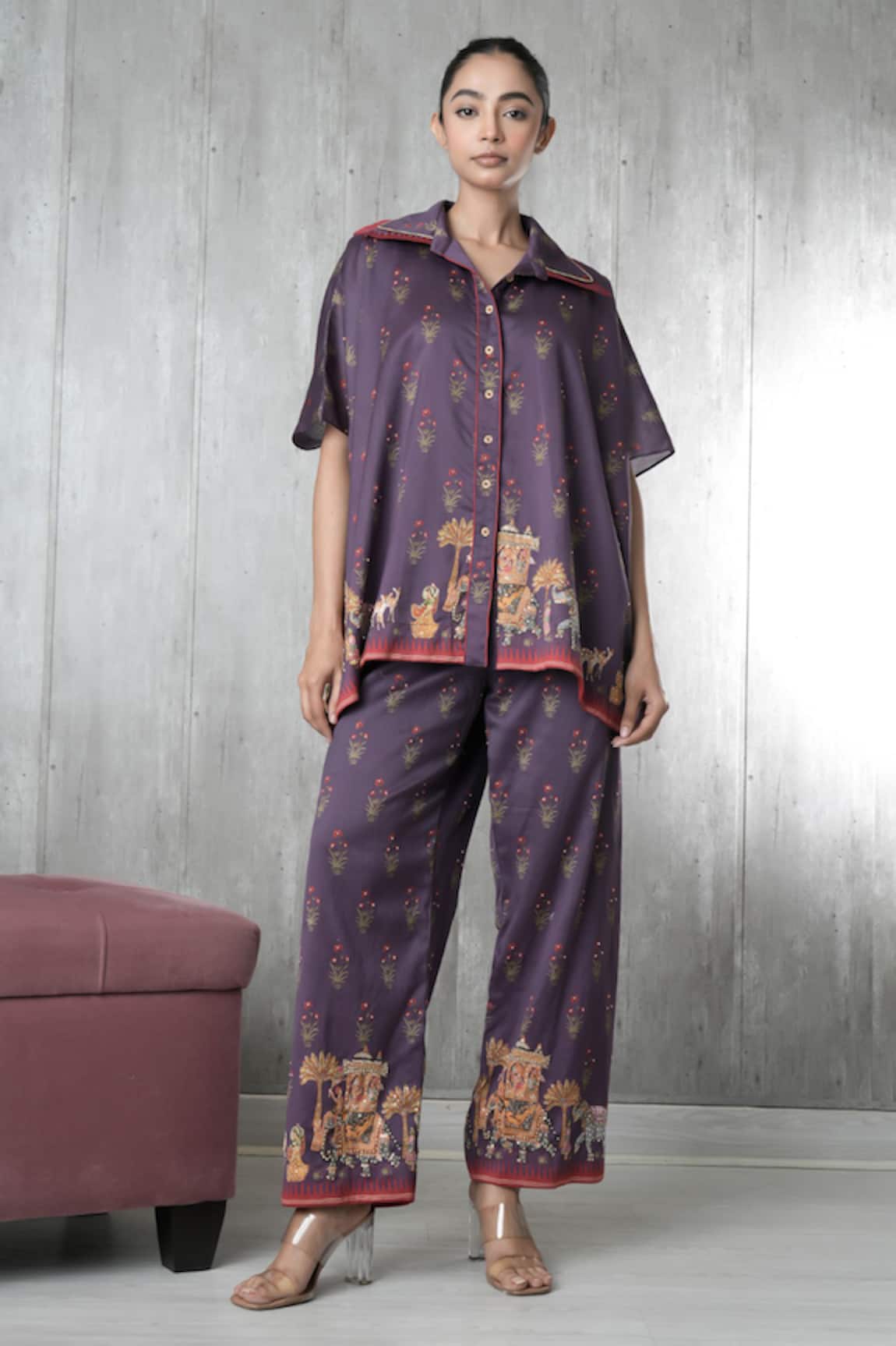 Vara By Vibha N Priti Purple Hand Embroidered Tunic & Pant Set 