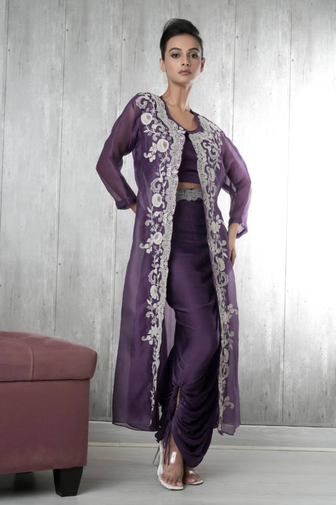 Vara By Vibha N Priti Purple Hand Embroidered Three Piece Set 