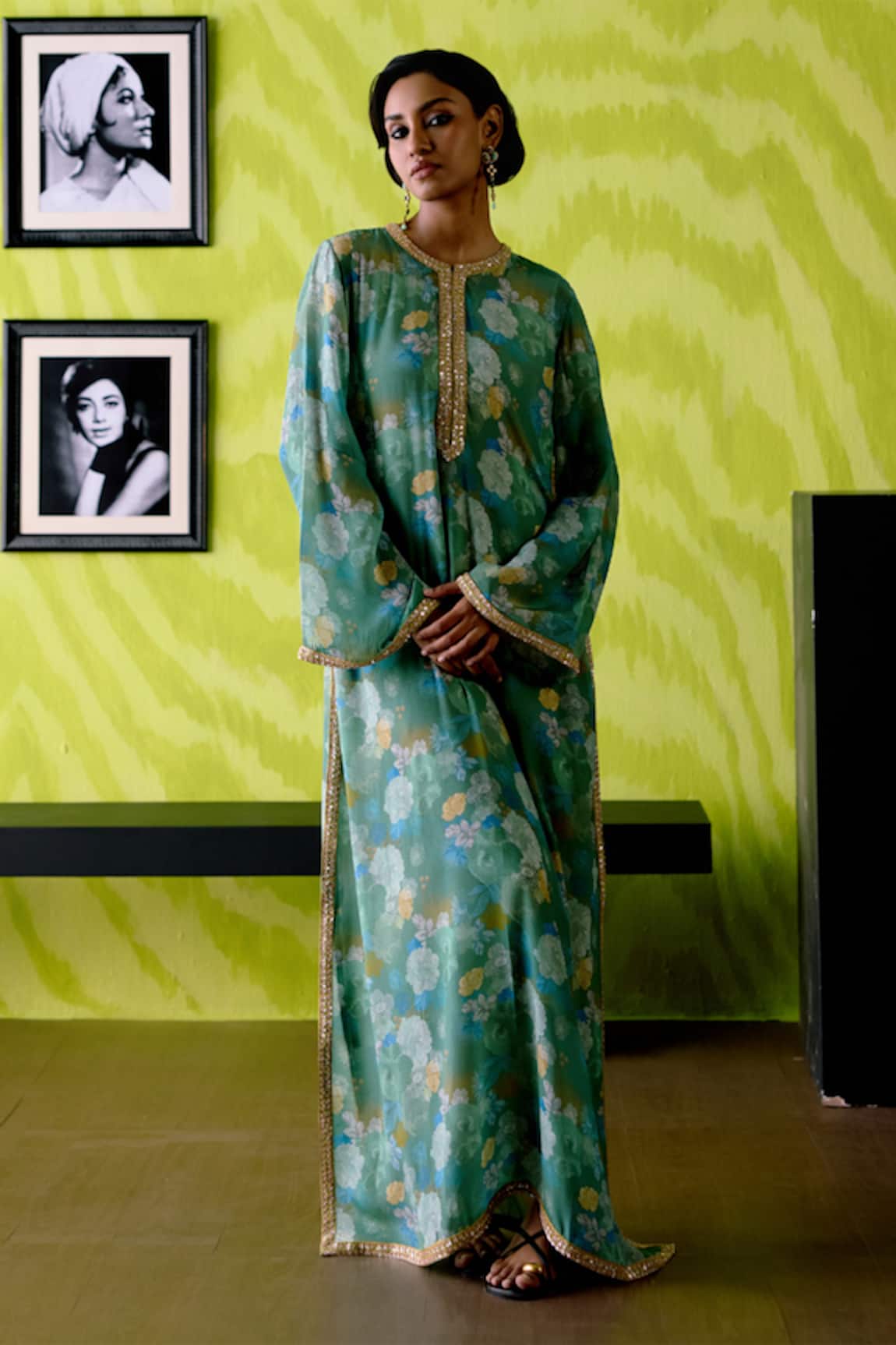 Deep Thee Sage Green Floral Printed Slit Dress 