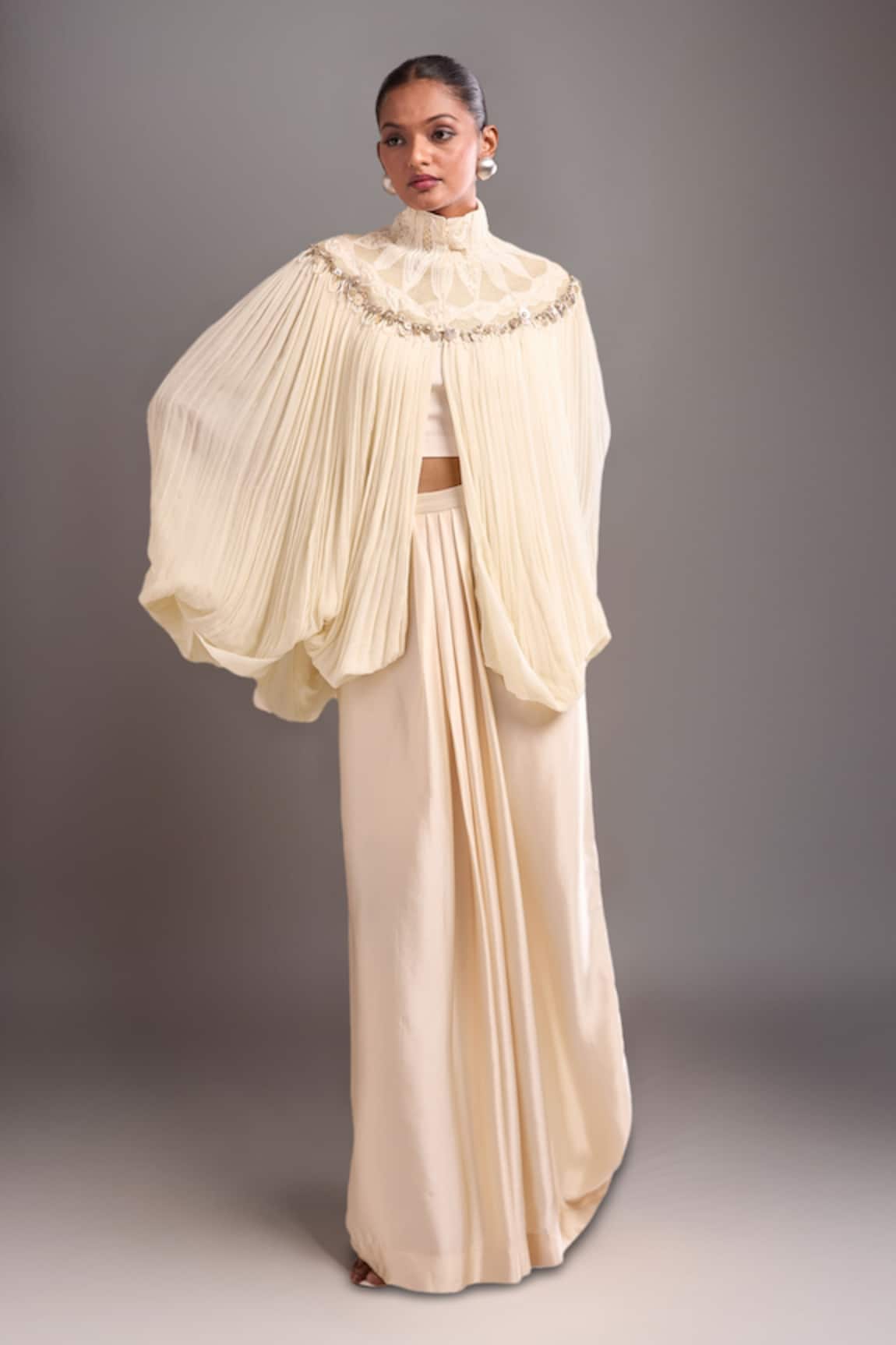 Anamika Khanna Ivory Draped Skirt & Cape Set 
