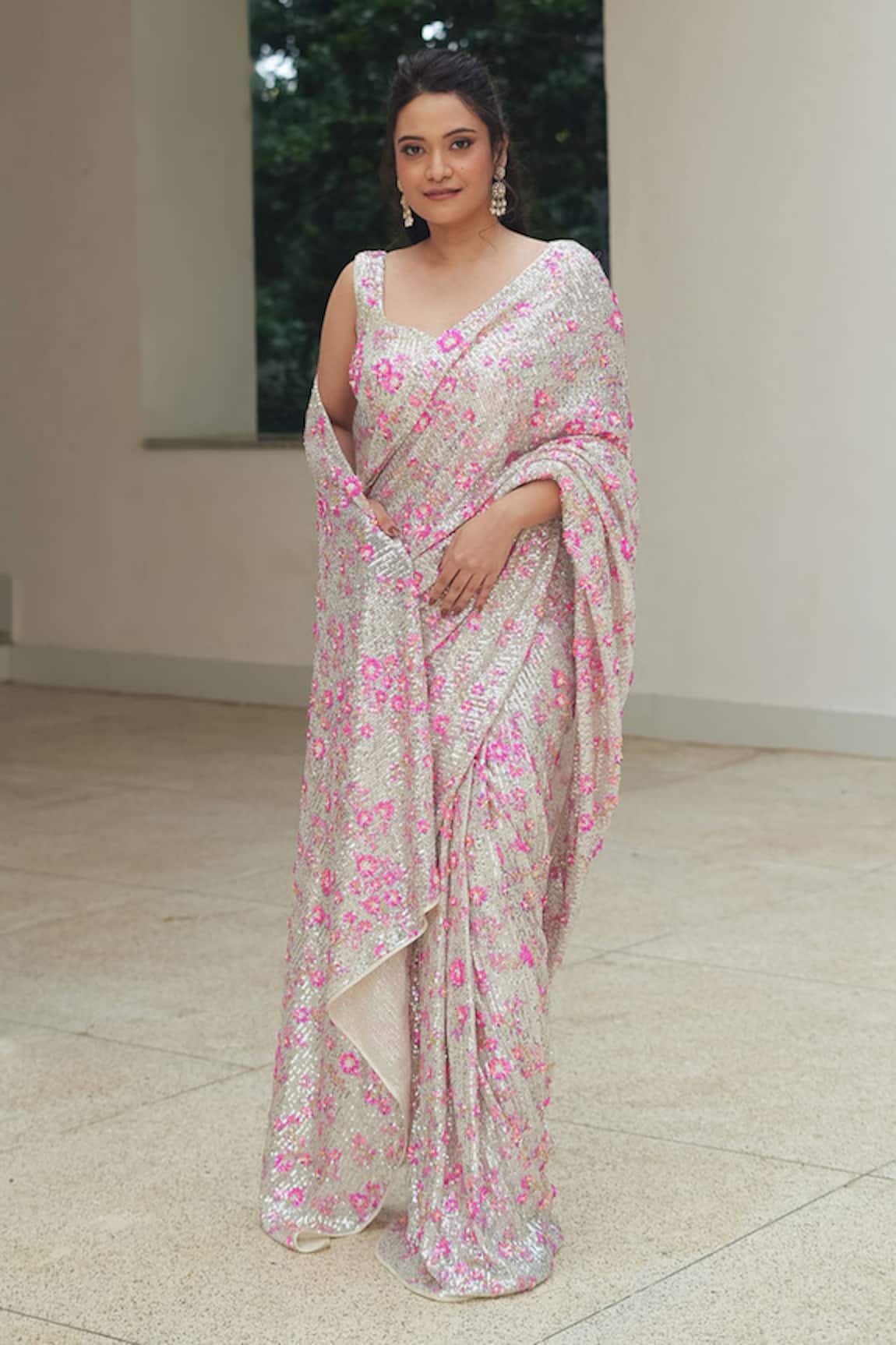 Pooja Bagaria Flower Sequin Dream Pre-Draped Saree Set 